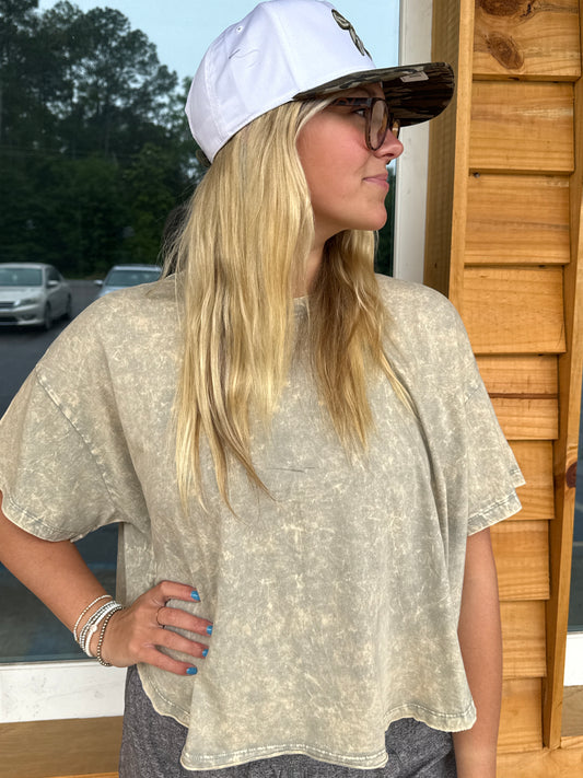 Crinkle Washed Cotton Round Neck Short Sleeve Top - Sleet - CTW-3353A5