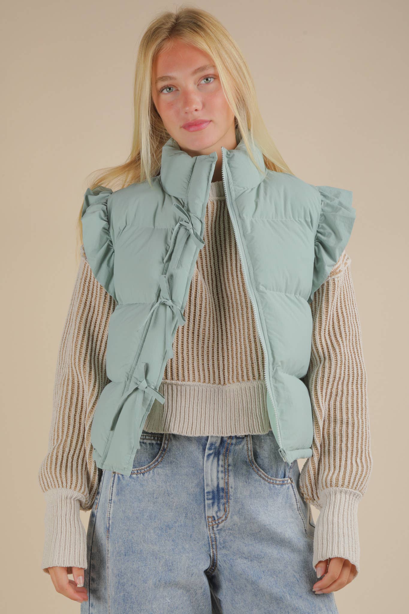 NJ90385-Front Bow Ruffle Sleeve Puffer Vest: SAGE