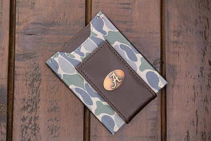Alabama Crimson Tide Men's Magnetic Front Pocket Old School Camo Leather Wallet.: Brown/Tan Camo