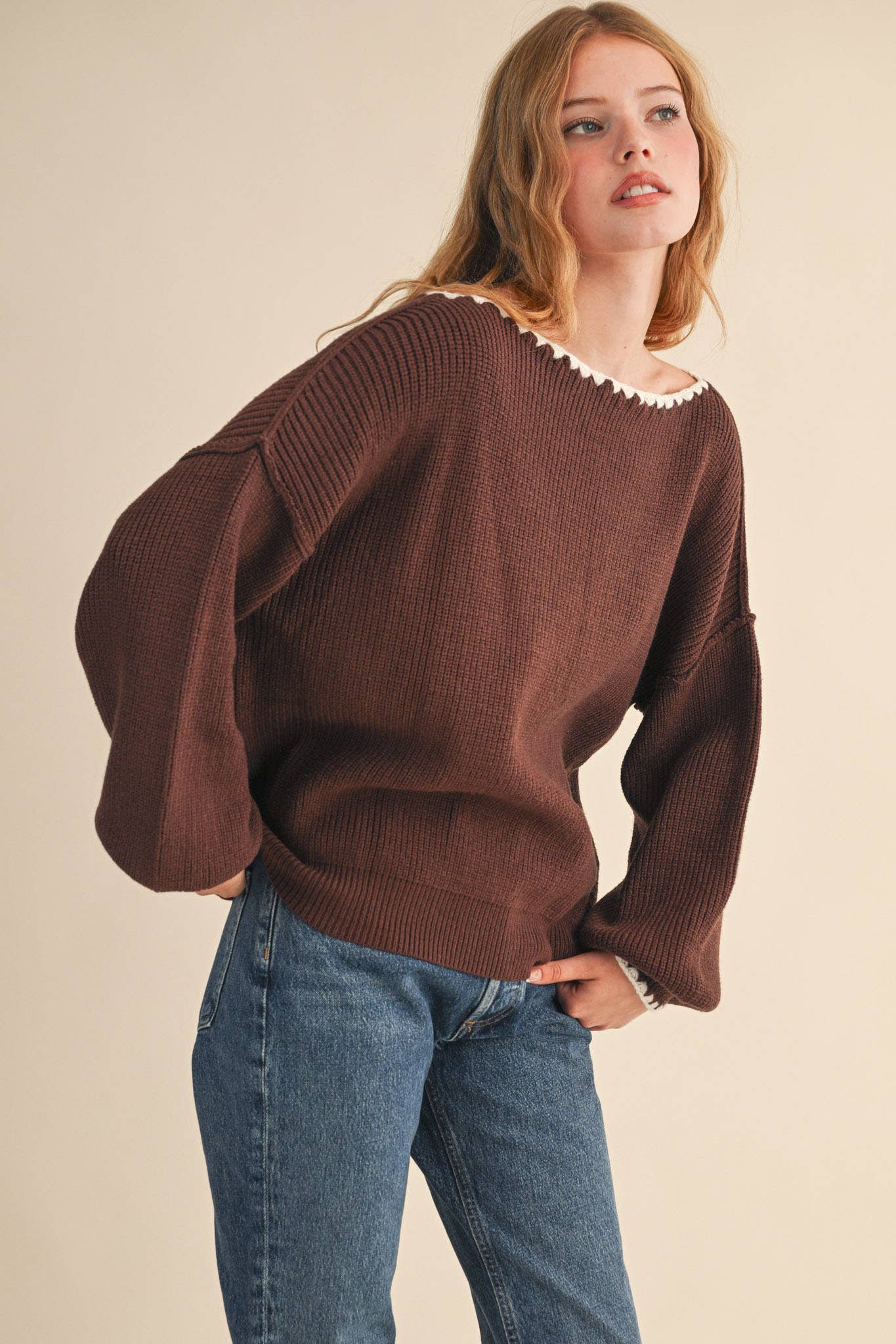 BOAT NECK TRIANGLE STITCH PUFF SLEEVE SWEATER MSW11245: MINT BURGUNDY