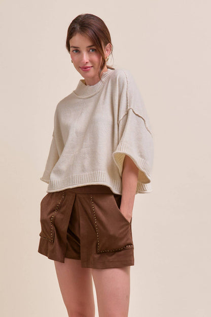 MARLED KNIT MOCK NECK SHORT SLEEVE SWEATER MSW11178: Red