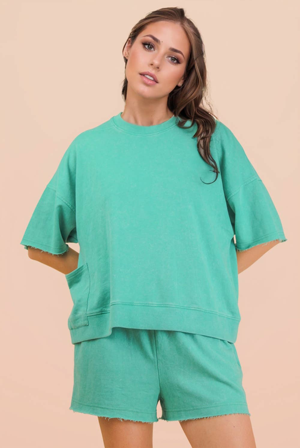Mineral Washed Knit Casual Top & Shorts: DENIM