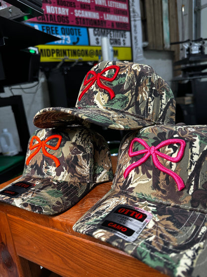 Camo Bow Embroidered Trucker Hat: Pink