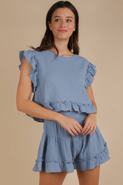NT12150SET-Ruffled Solid Woven Top & Shorts Set: BLUSH