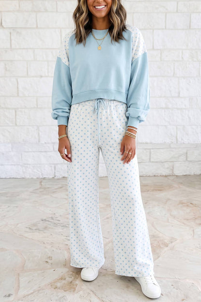 Polka Dot Patchwork Long Sleeve Casual Two Piece Set :Light Blue