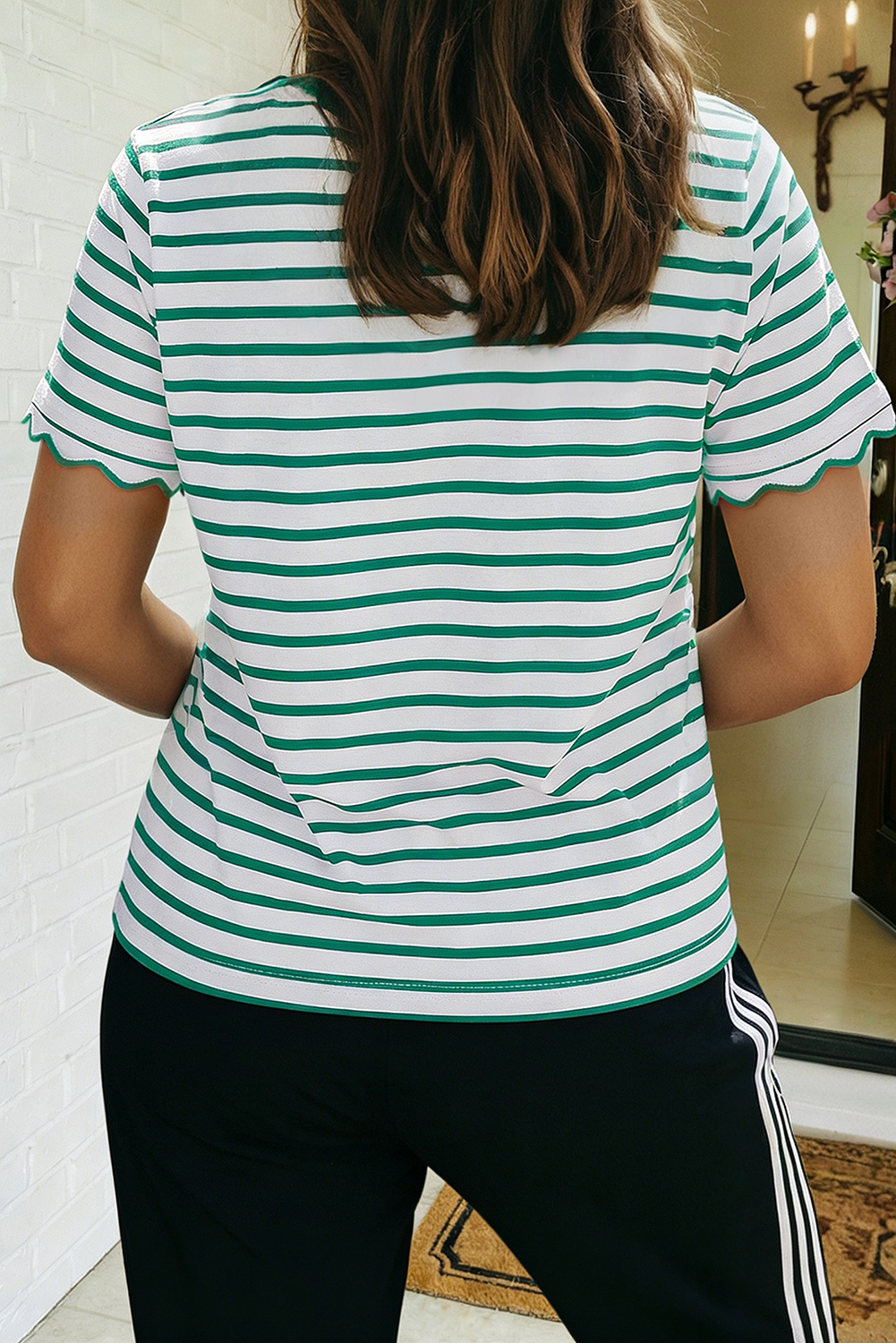LAS Stripe Scalloped Trim Round Neck T Shirt : Red / Missy