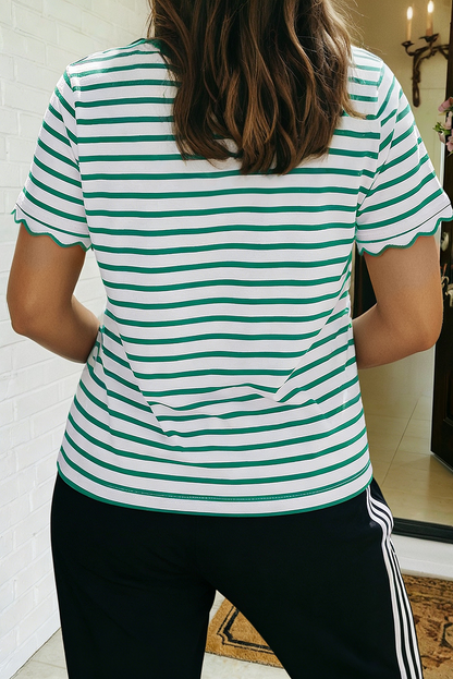LAS Stripe Scalloped Trim Round Neck T Shirt : Red / Missy