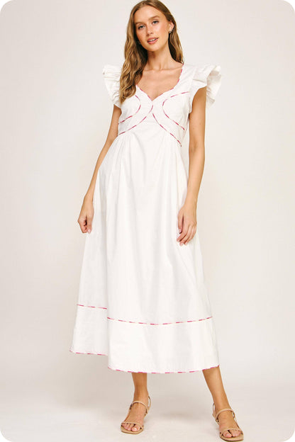 Contrast Multi Color Piping Midi Dress: Chambray