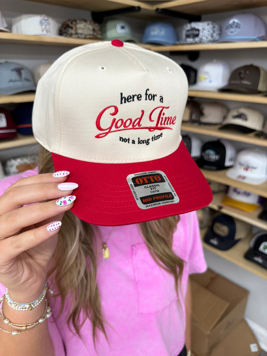 Here For a Good Time Trucker Hat: Retro Red/Natural