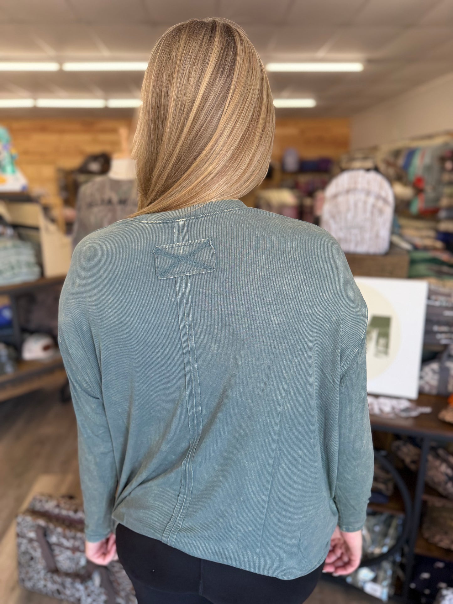 Washed Ribbed Dolman Sleeve Round Neck Top - Ash Jade - RTW-8444A