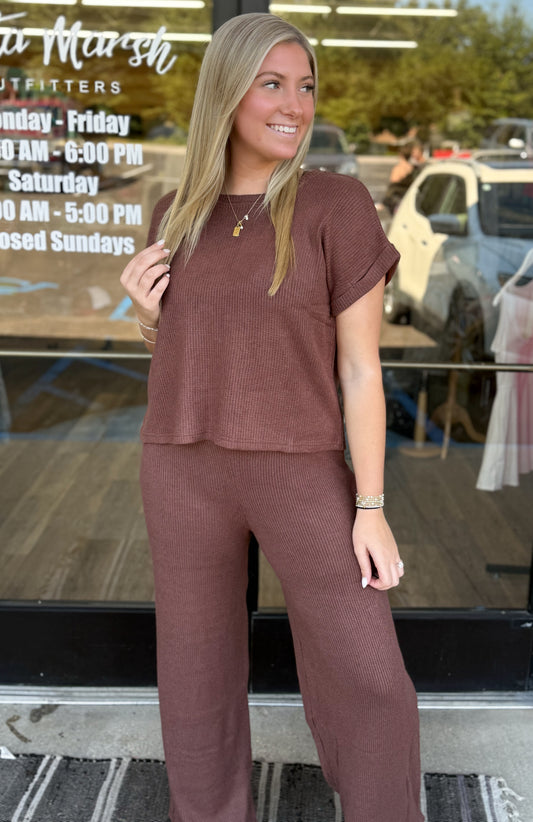 Sweater rolled sleeve top & long pants set - Brown - #ITWIPW-2597