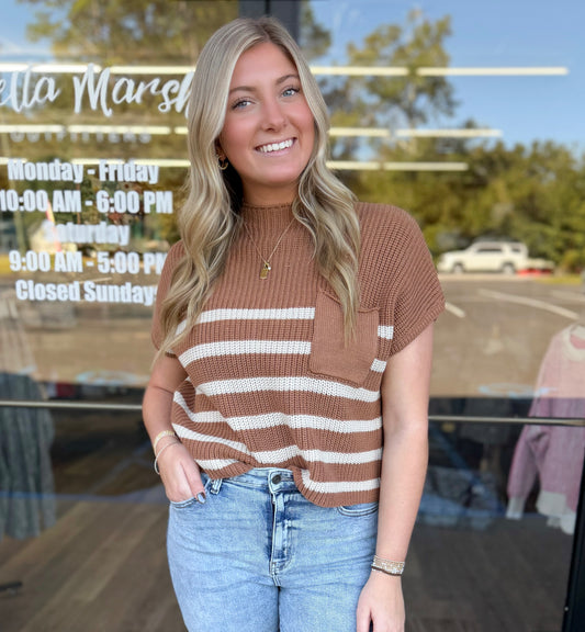 SHORT SLEEVE STRIPE SWEATER - Camel - TW- 2531Y