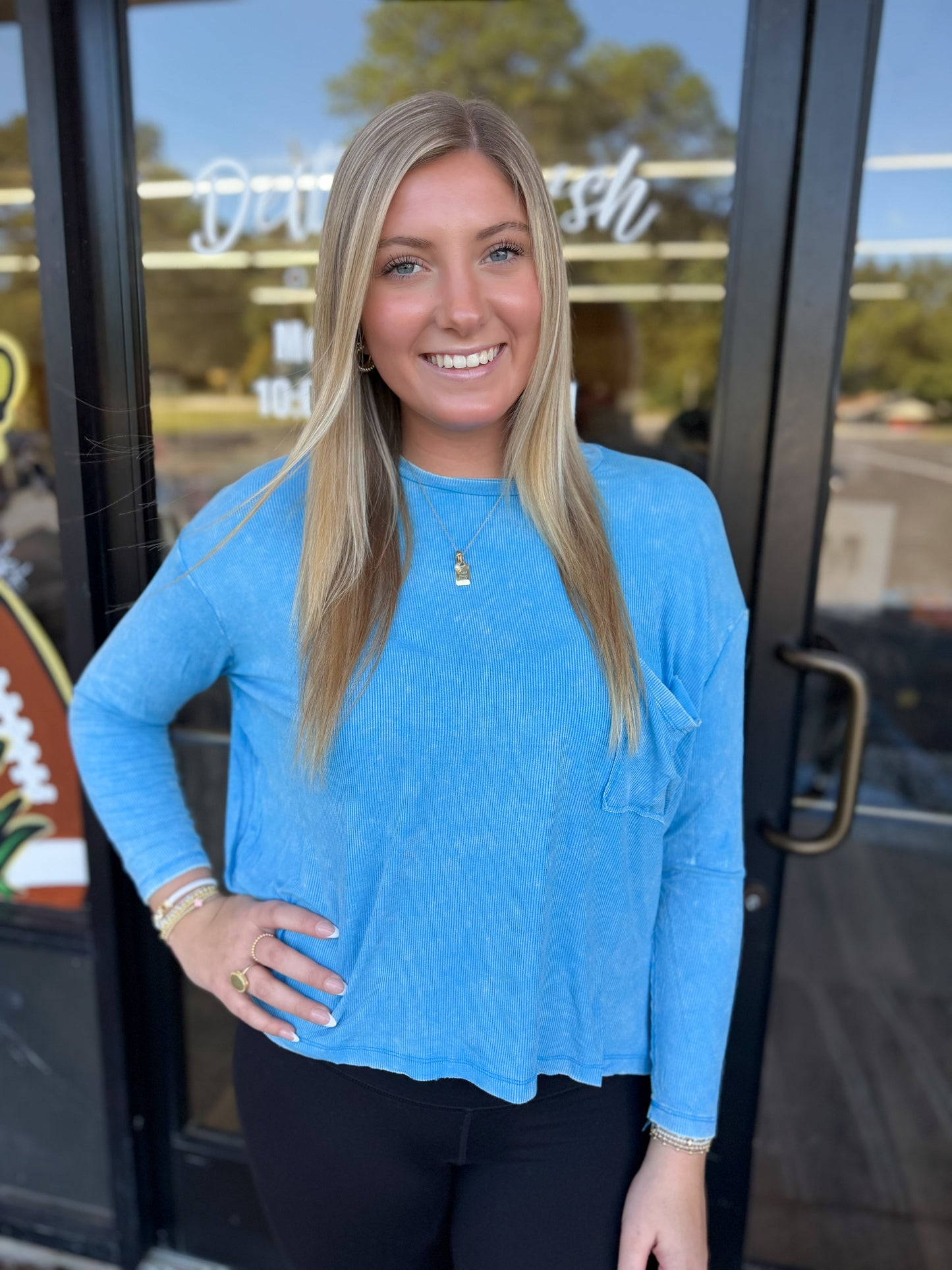 Washed Ribbed Dolman Sleeve Round Neck Top - Deep Sky - RTW-8444A