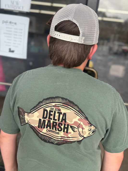 Delta Marsh Outfitters Tee - Let's Go Floundr'n - Moss