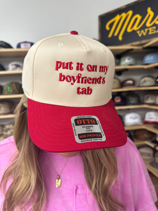 MHC Put it On My Boyfriends Tab Trucker Hat: Otto Red/Natural