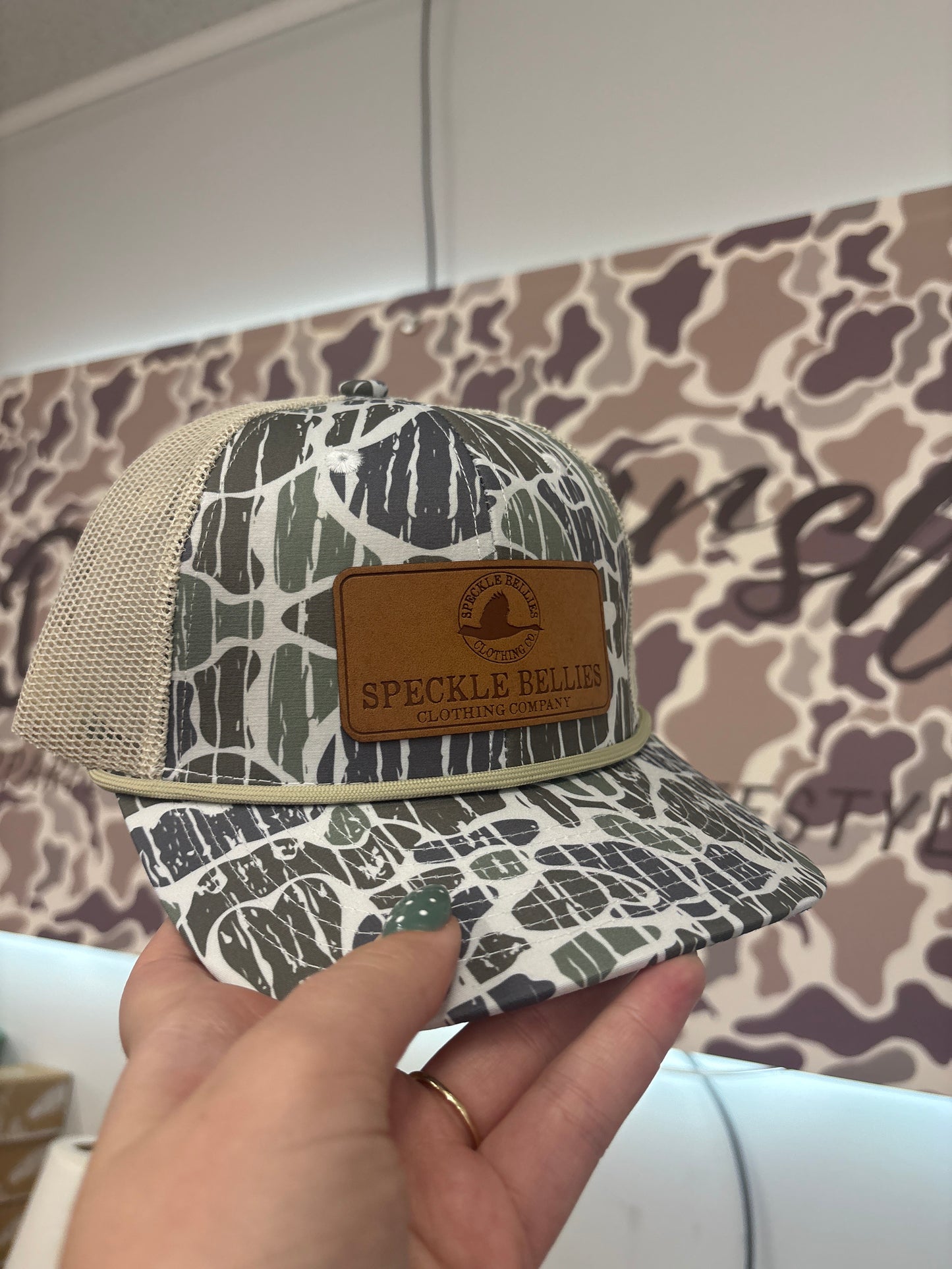 Speckle bellies Logo Rec Leather Patch- Foggy Marsh Vein Camo