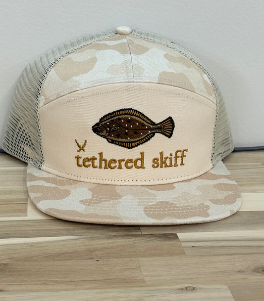 Tethered Skiff 7 panel flat bill-Flounder-Brown Camo
