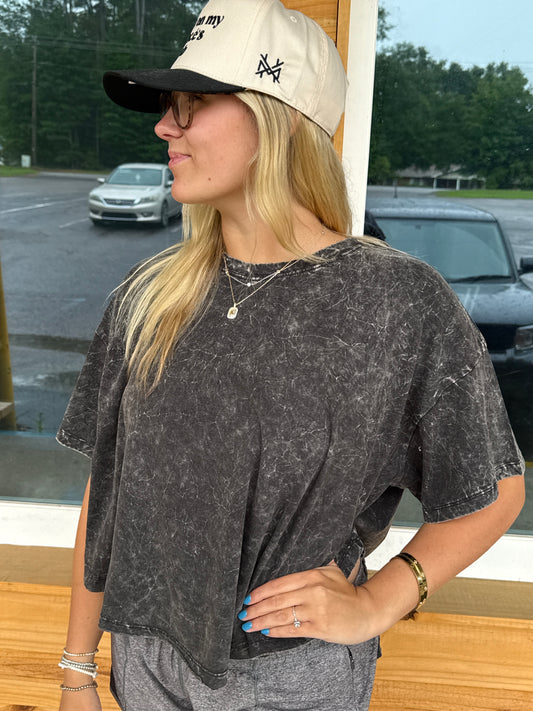 Crinkle Washed Cotton Round Neck Short Sleeve Top - Ash Black - CTW-3353A5
