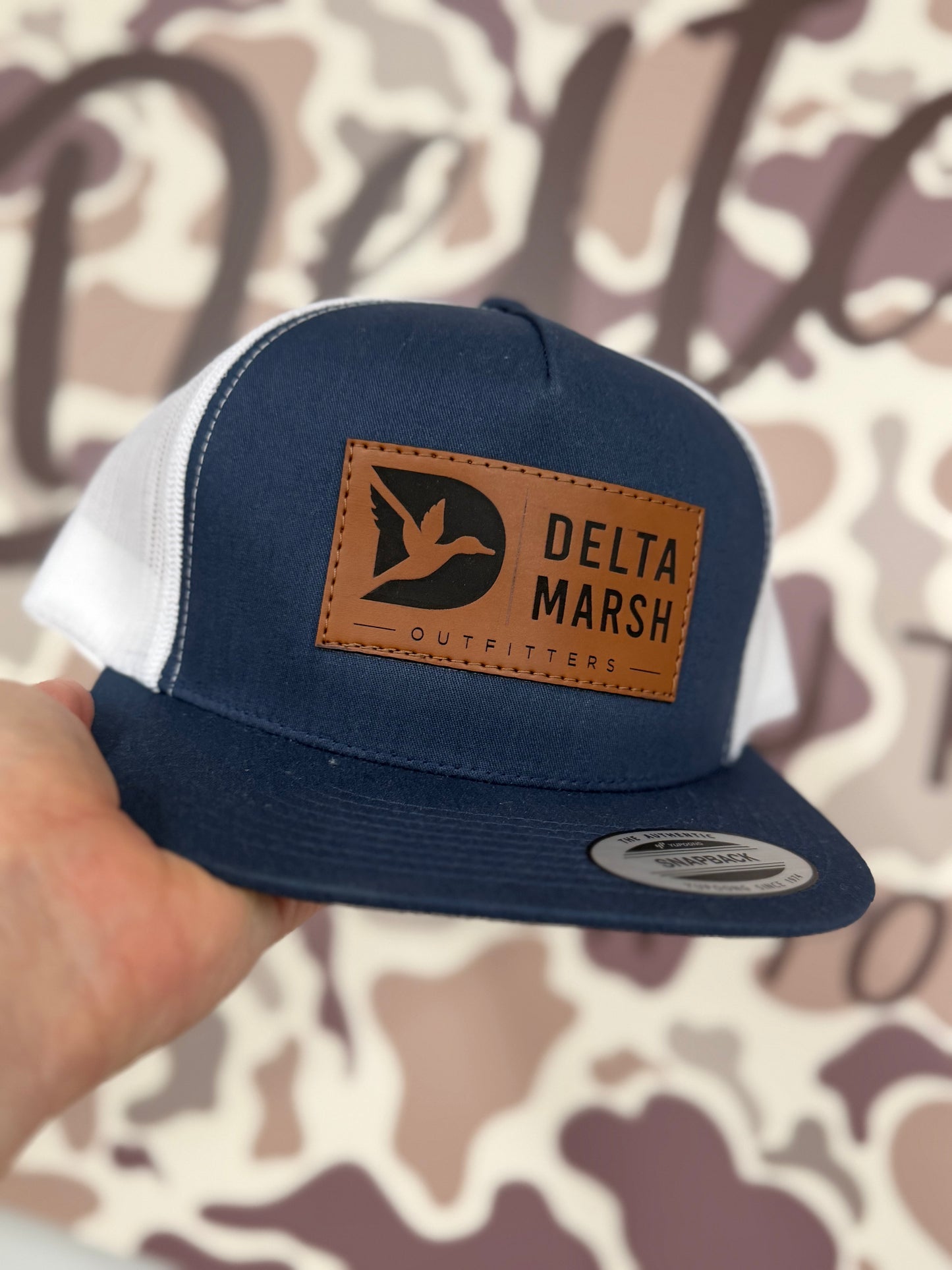 Delta Marsh Flying Duck Leather Large Patch - Yupoong SnapBack - Navy/White