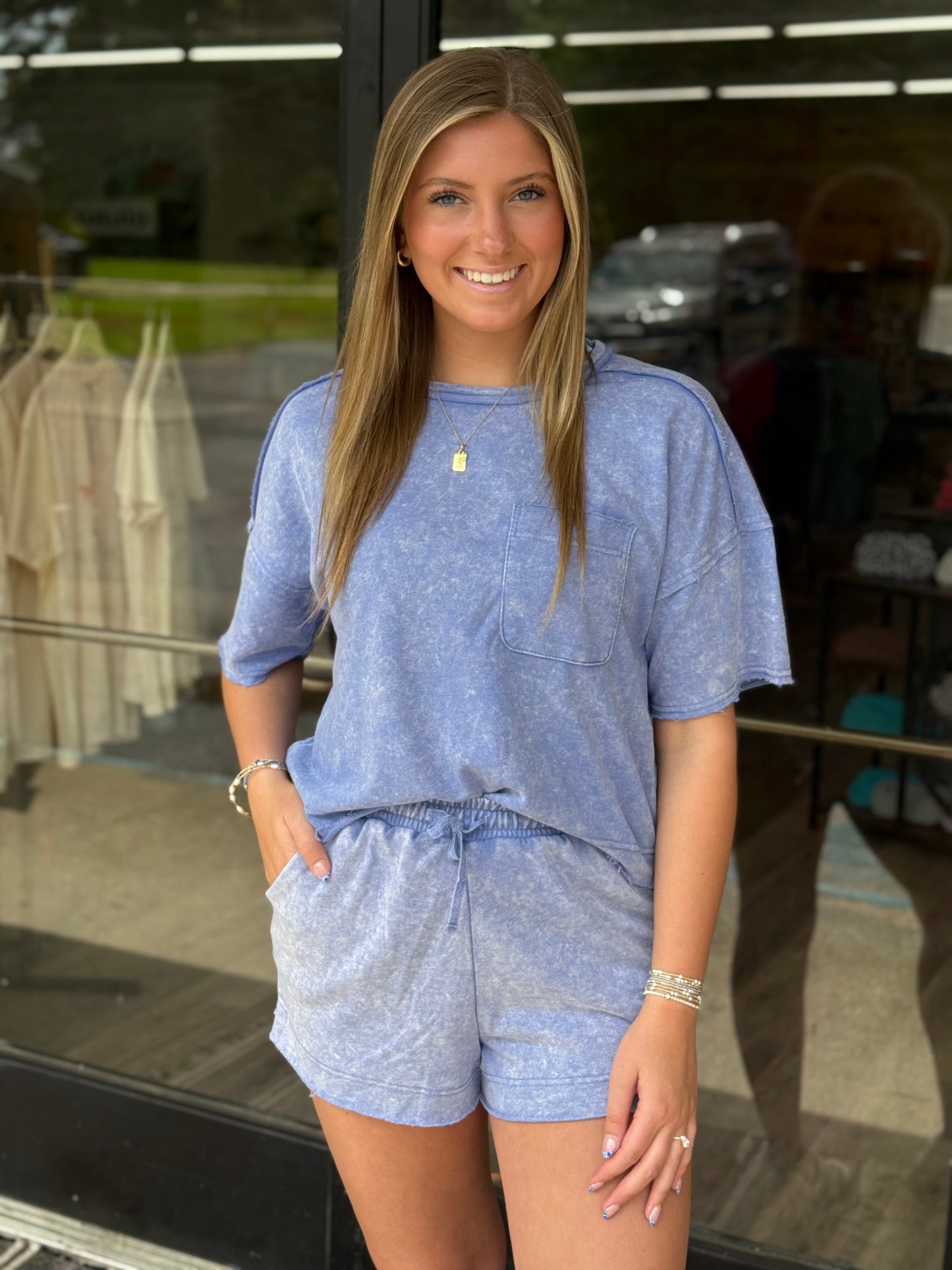 Mineral Washed Comfy Knit Top & Shorts Set: BLUE