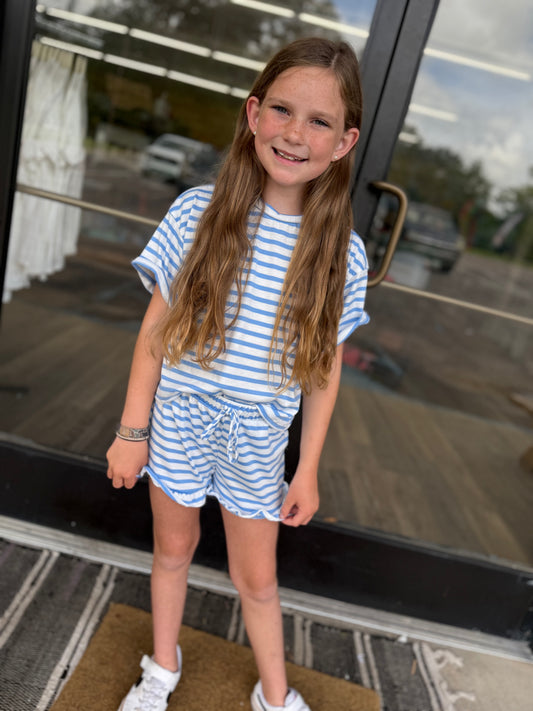 Stripe Crop Top and Ruffle Shorts Set: Light Blue