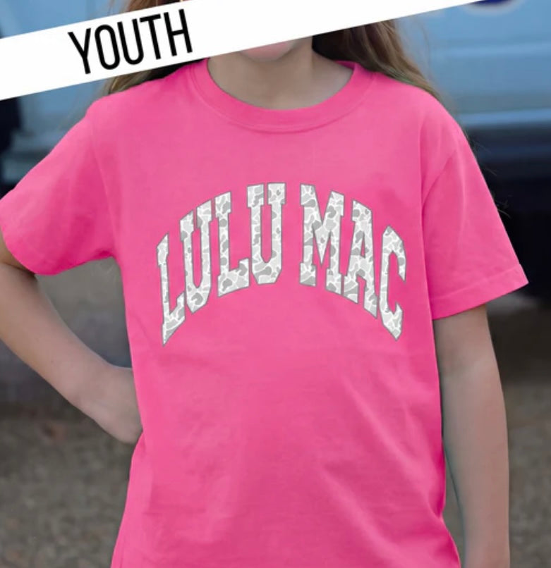 Youth Lulu Mac Camo Neon Pink Comfort Colors T-Shirt
