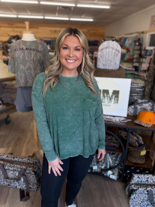 Washed Ribbed Dolman Sleeve Round Neck Top - Dark Green - RTW-8444A