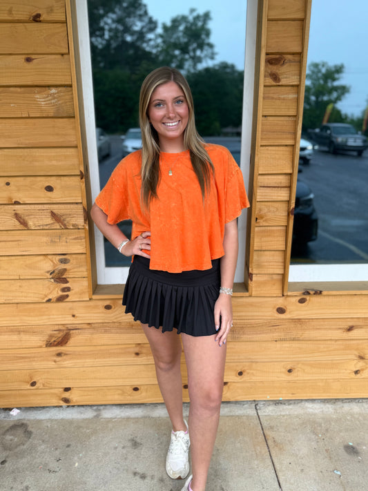 Crinkle Washed Cotton Round Neck Short Sleeve Top - Orange - CTW-3353A5
