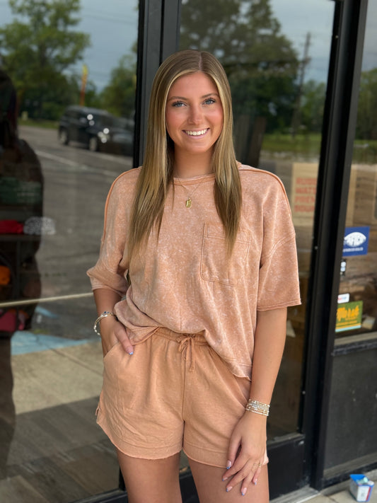 Mineral Washed Comfy Knit Top & Shorts Set: SALMON
