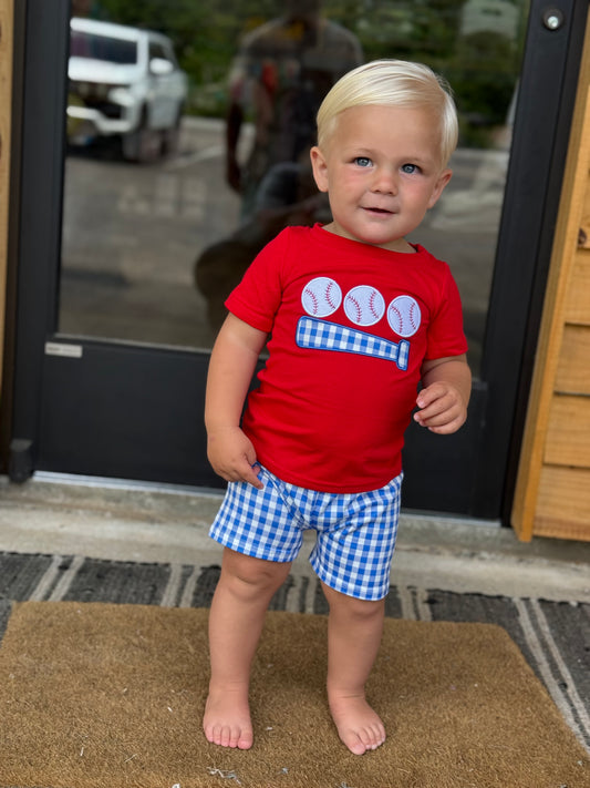 Red baseball shirt plaid shorts kids boys outfits: Boy set