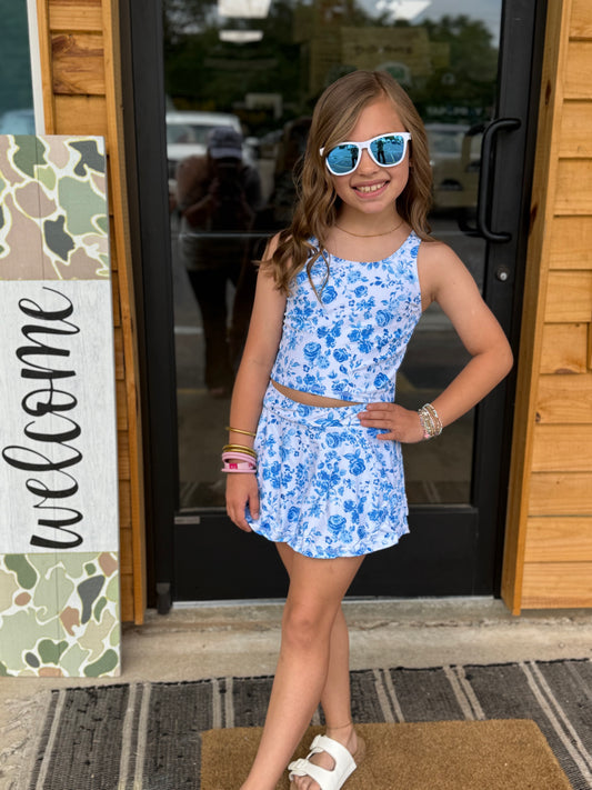 Sleeveless top & skirt girls summer clothes: Blue floral