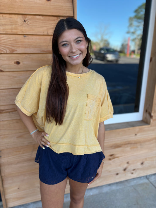 NT11429-Mineral Washed Oversized Crop Comfy Knit Top: YELLOW