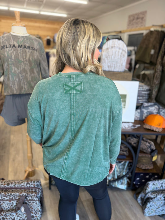 Washed Ribbed Dolman Sleeve Round Neck Top - Dark Green - RTW-8444A