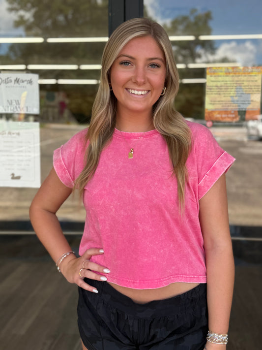 Washed cotton cuffed short sleeve top - Fuchsia - CTW - 3308Y