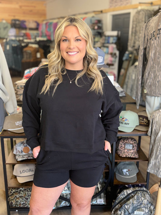 Fleece Long Sleeve Sweatshirts & Shorts Set - Black -OTOP-4389