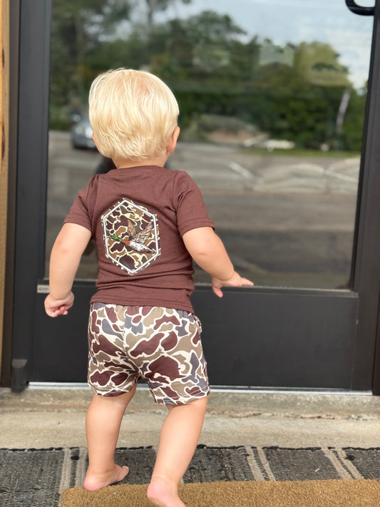 Brown camo duck top pocket shorts boys clothes