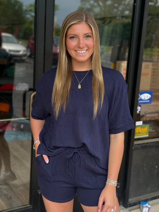 RIBBED ROUND NECK TOP AND SHORTS SET: NAVY