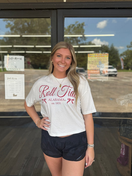 Bama Crimson Tide Established Bows Off White Cropped Tee