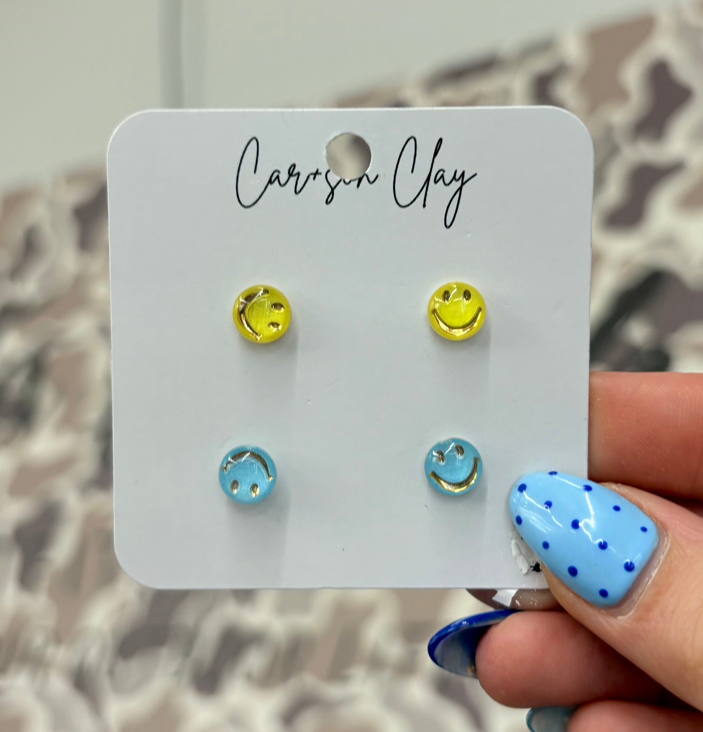 Car+son Clay Smiley Face Studs Yellow/Blue