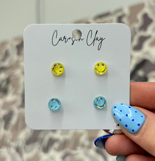 Car+son Clay Smiley Face Studs Yellow/Blue