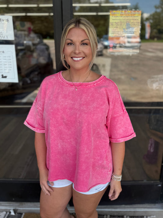 French Terry Acid Washed Tee Shirts - Fuchsia - TTW - 5314A