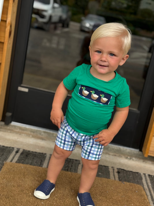 Green duck top plaid shorts boys clothes