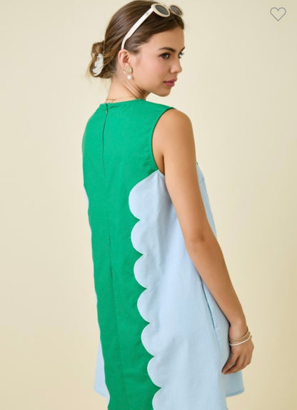 Cotton Blend Sleeveless Dress w/Scalloped Panels