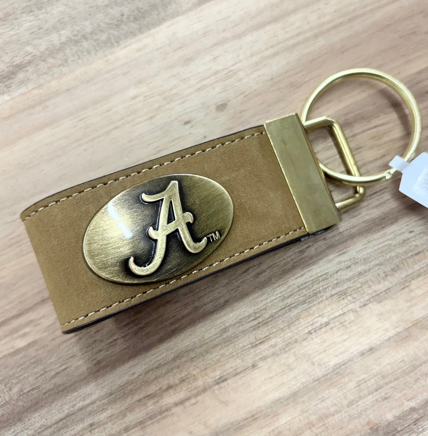 Collegiate Leather Key Fob. Crazyhorse Full Grain Leather With Antique Brass Logo- Alabama Crimson Tide