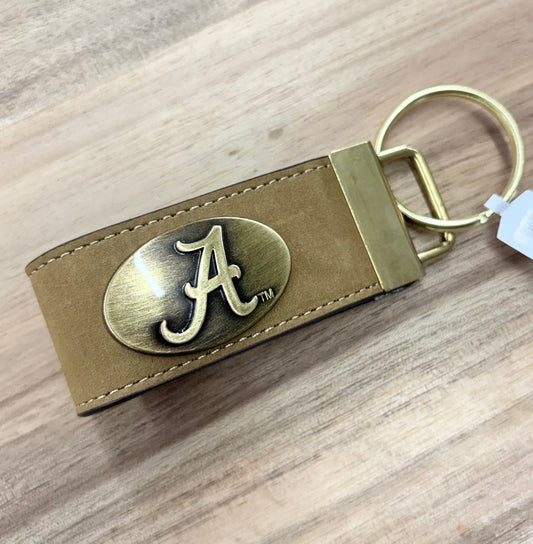 Collegiate Leather Key Fob. Crazyhorse Full Grain Leather With Antique Brass Logo- Alabama Crimson Tide