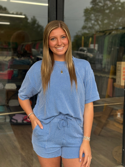 RIBBED ROUND NECK TOP AND SHORTS SET: Blue