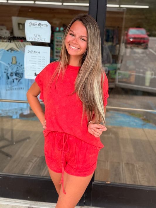 GAME DAY MINERAL WASHED TOP AND SHORTS RIB SET : RED