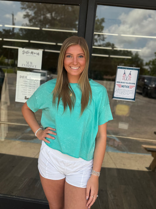 Washed Crew Neck Short Sleeve Crop Box Tee - Turquoise - CTW - 3388A5