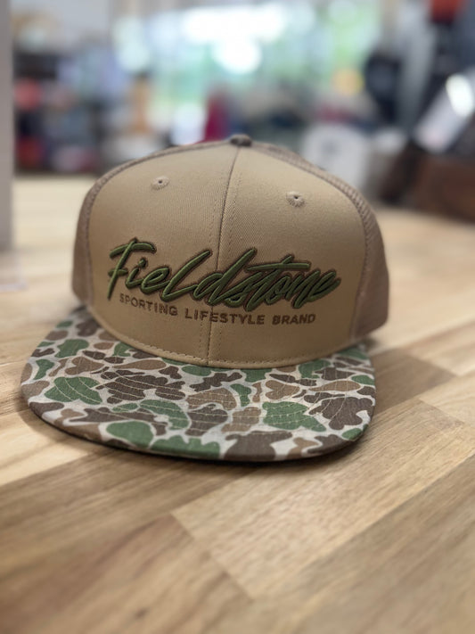 Fieldstone 6 Panel Script Logo Camo Bill hat (RH-155)