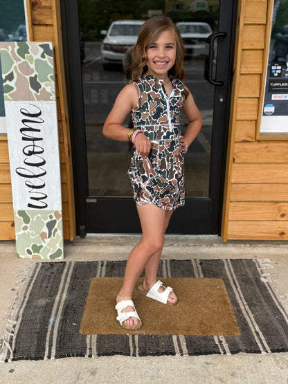 Brown camo sleeveless zipper athletic dress with shorts